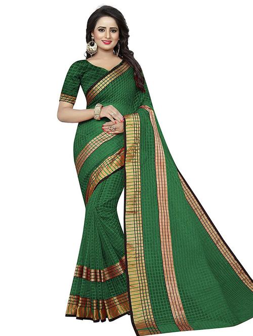 women's checks green colored saree with blouse - 20163192 - Very Small Image - 1