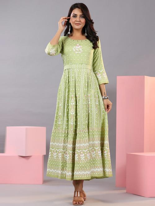 green printed fit & flare ethnic dress - 20163298 - Very Small Image - 1
