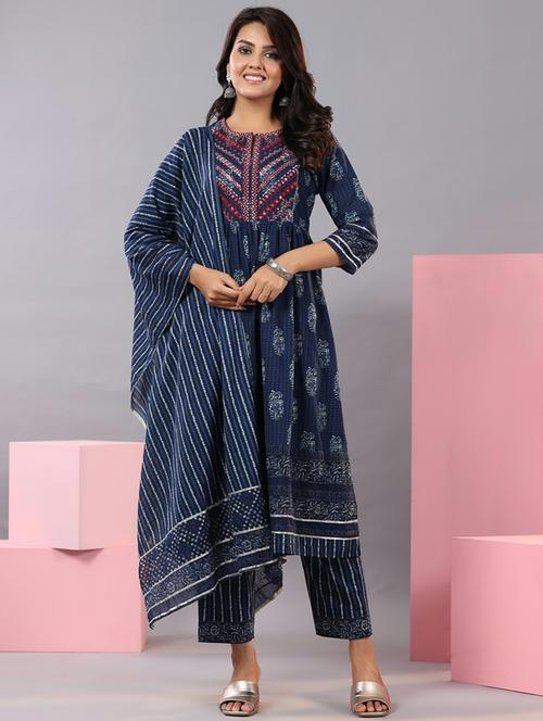blue round neck kurta pant set with dupatta - 20163346 - Very Small Image - 1