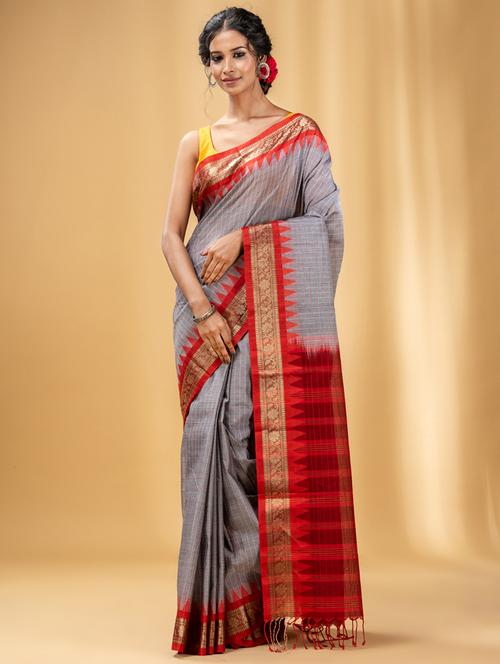 grey checkered woven saree with blouse - 20163635 - Very Small Image - 1
