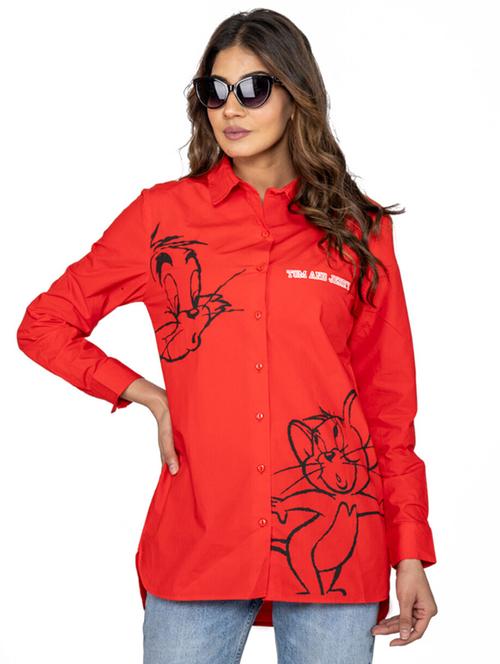 red printed shirt collar long shirt - 20164029 - Very Small Image - 1