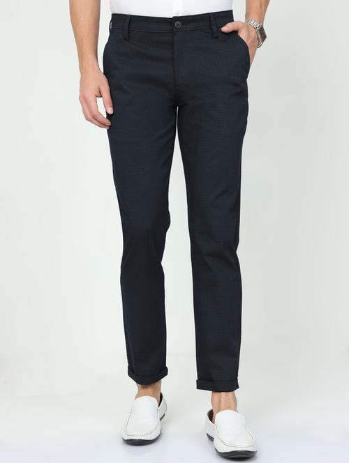 navy blue cotton flat front casual trousers - 20164145 - Very Small Image - 1