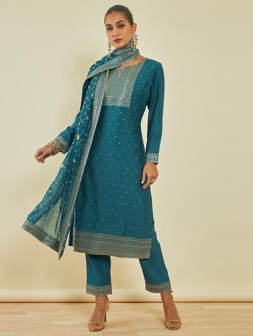 teal kurta pant set with dupatta - 20164196 - Very Small Image - 1
