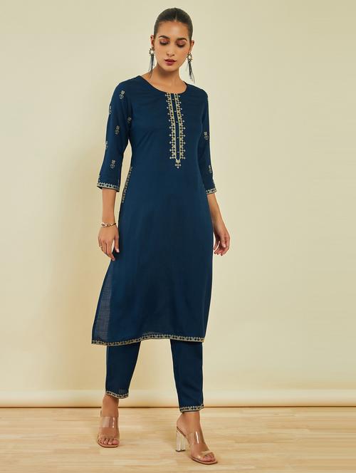 blue round neck kurta pant set - 20164203 - Very Small Image - 1