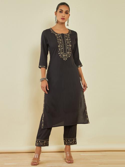 black round neck kurta pant set - 20164206 - Very Small Image - 1