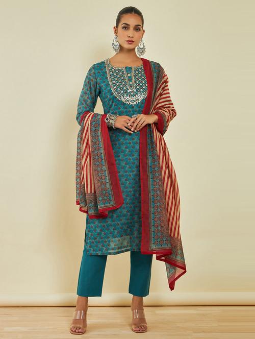 teal round neck kurta pant set with dupatta - 20164216 - Very Small Image - 1