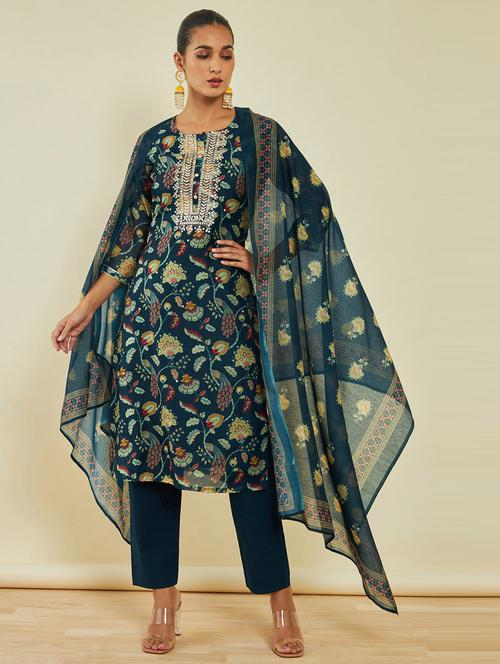 teal round neck kurta pant set with dupatta - 20164217 - Very Small Image - 1