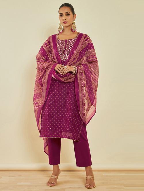 magenta round neck kurta pant set with dupatta - 20164223 - Very Small Image - 1