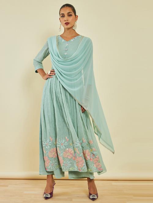 green v neck kurta palazzo set with dupatta - 20164228 - Very Small Image - 1
