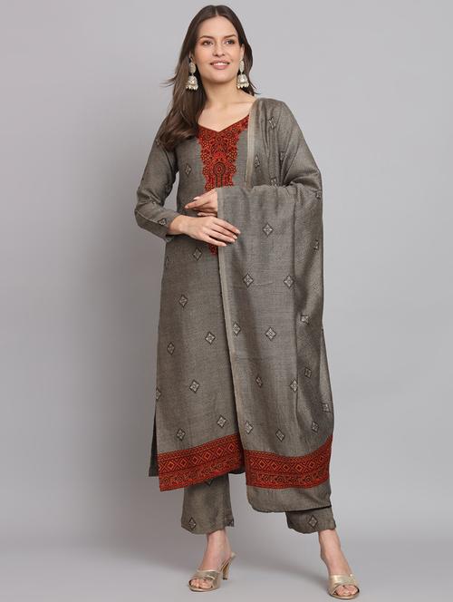 grey self design v-neck unstitched suit - 20165222 - Very Small Image - 1