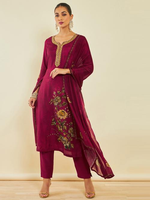 magenta kurta pant set with dupatta - 20165855 - Very Small Image - 1