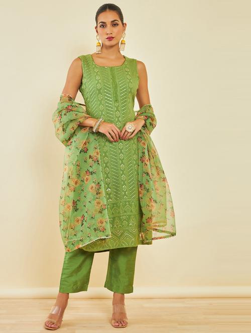 green round neck kurta pant set with dupatta - 20165867 - Very Small Image - 1