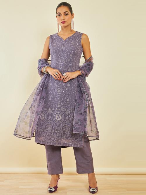 purple v neck kurta pant set with dupatta - 20165869 - Very Small Image - 1