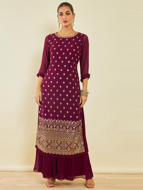 magenta round neck kurta sharara set - 20165875 - Very Small Image - 1