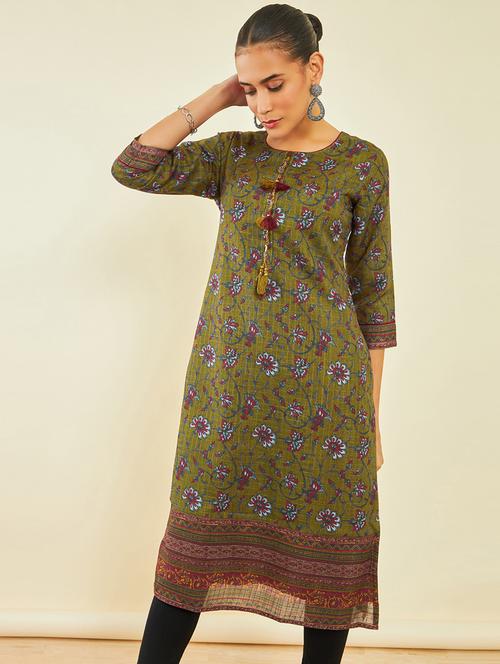women olive floral printed a-line kurta - 20165900 - Very Small Image - 1