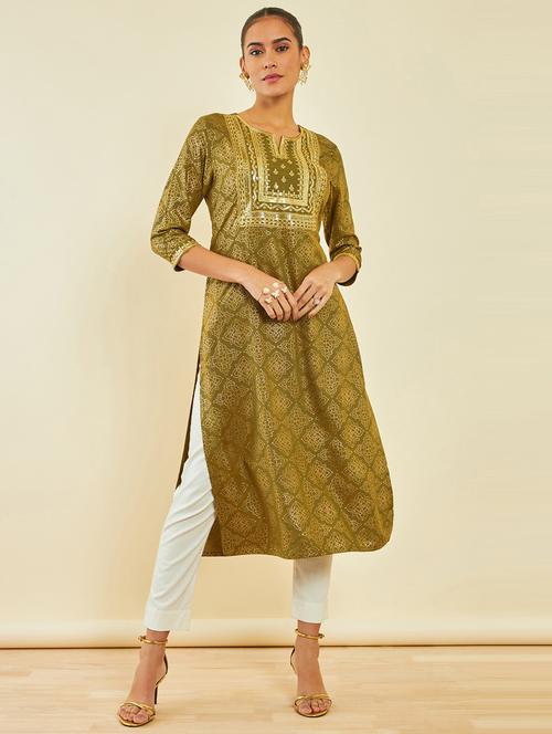 olive round neck a-line kurta - 20165925 - Very Small Image - 1