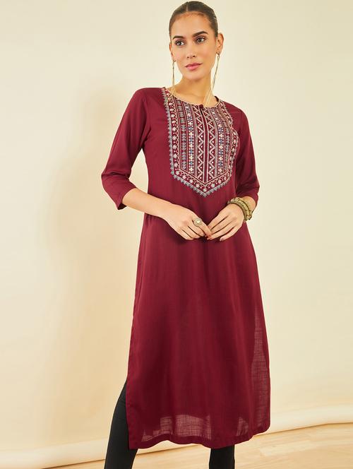 maroon rayon straight kurta - 20165931 - Very Small Image - 1