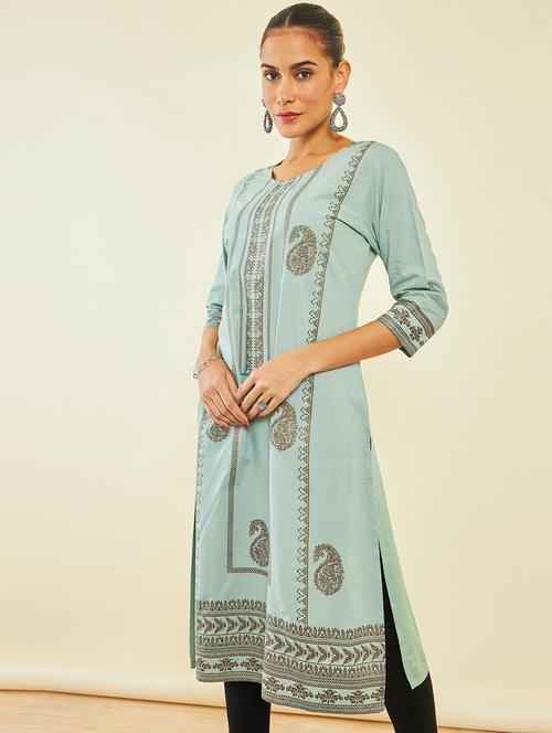 green rayon straight kurta - 20165937 - Very Small Image - 1