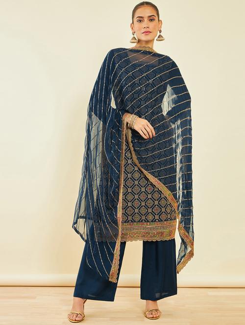 teal embroidered unstitched suit set with dupatta - 20165985 - Very Small Image - 1