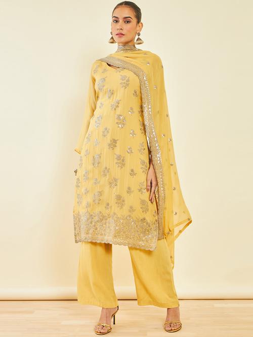 yellow embroidered unstitched suit set with dupatta - 20165990 - Very Small Image - 1