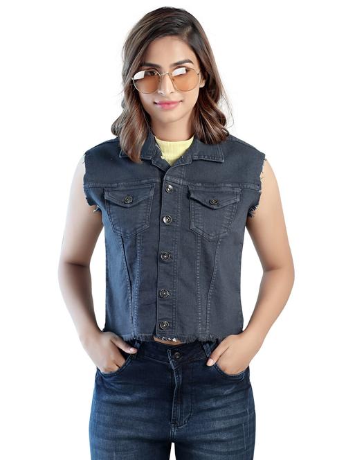 grey solid sleeveless crop summer jacket - 20166265 - Very Small Image - 1