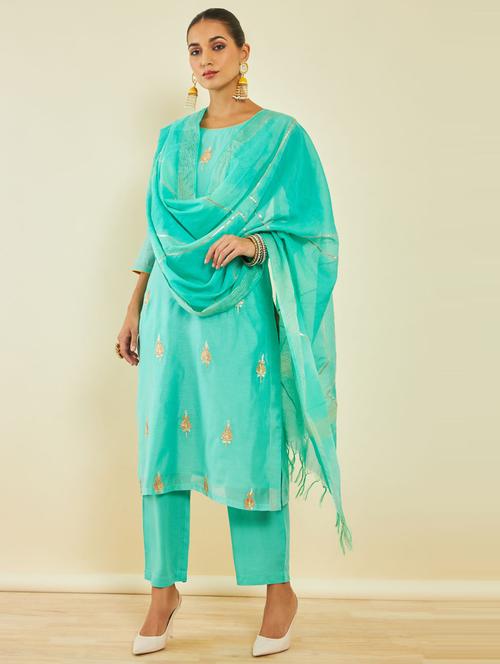 turquoise round neck kurta palazzo set with dupatta - 20166484 - Very Small Image - 1