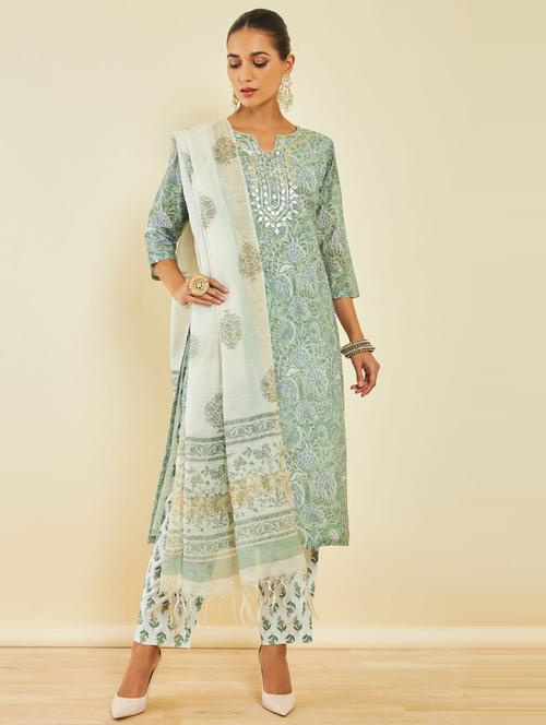 green floral printed kurta pant set with dupatta - 20166485 - Very Small Image - 1