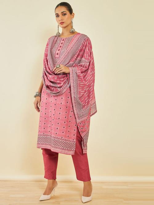 red round neck kurta pant set with dupatta - 20166488 - Very Small Image - 1