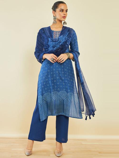blue round neck kurta palazzo set with dupatta - 20166499 - Very Small Image - 1