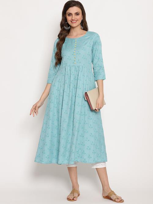 blue round neck flared kurta - 20166714 - Very Small Image - 1