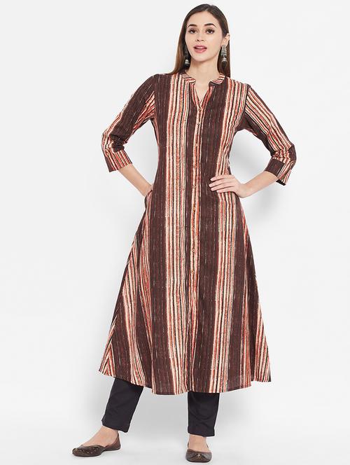brown mandarin neck a-line kurta - 20166812 - Very Small Image - 1