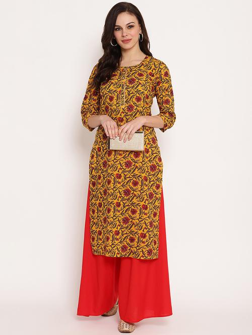 yellow round neck straight kurta - 20166867 - Very Small Image - 1