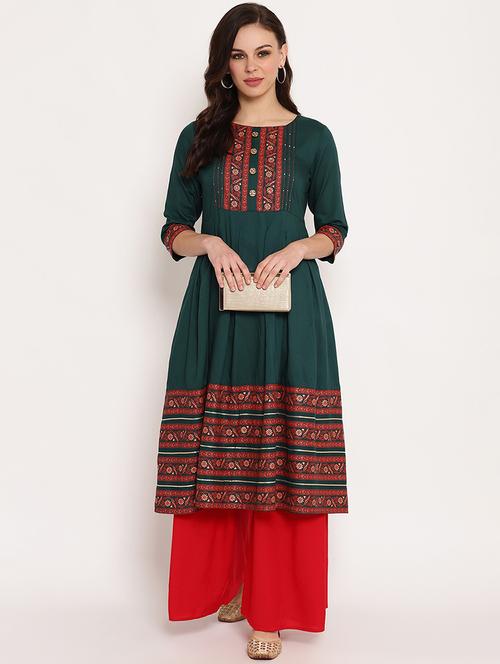 green round neck a-line kurta - 20166870 - Very Small Image - 1