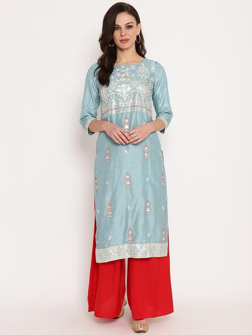 blue round neck straight kurta - 20166879 - Very Small Image - 1