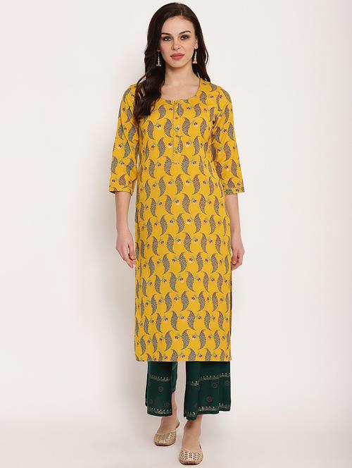 yellow round neck straight kurta - 20166880 - Very Small Image - 1