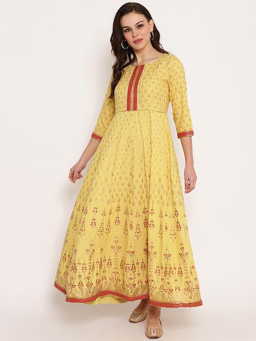 yellow round neck a-line kurta - 20166885 - Very Small Image - 1