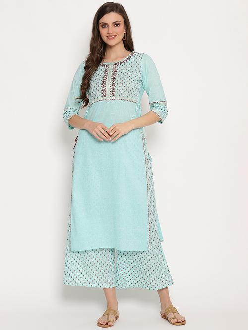 blue round neck straight kurta - 20166920 - Very Small Image - 1