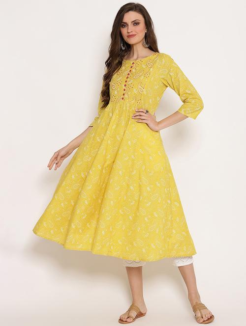 yellow round neck a-line kurta - 20166922 - Very Small Image - 1