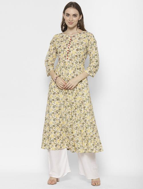 yellow round neck a-line kurta - 20166936 - Very Small Image - 1