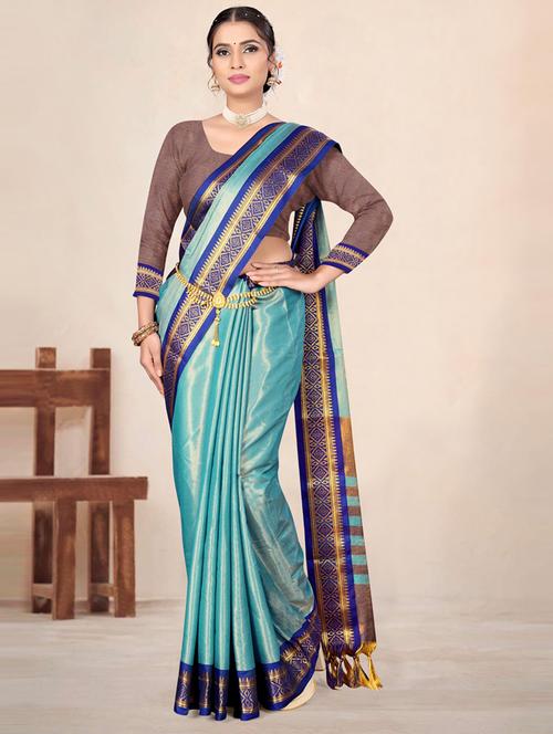 women's bordered blue colored saree with blouse - 20167017 - Very Small Image - 1