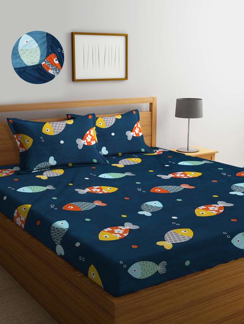 cotton printed fitted double bedsheet with 2 pillow covers - 20168225 - Very Small Image - 1