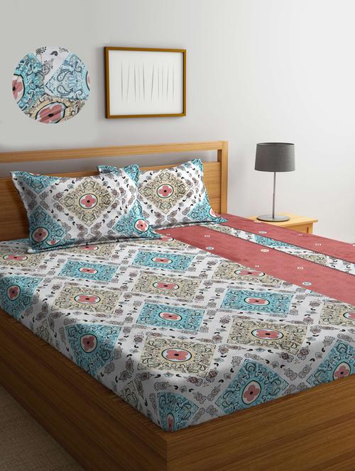 cotton printed fitted double bedsheet with 2 pillow covers - 20168242 - Very Small Image - 1