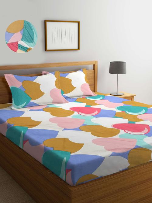 cotton printed fitted double bedsheet with 2 pillow covers - 20168250 - Very Small Image - 1