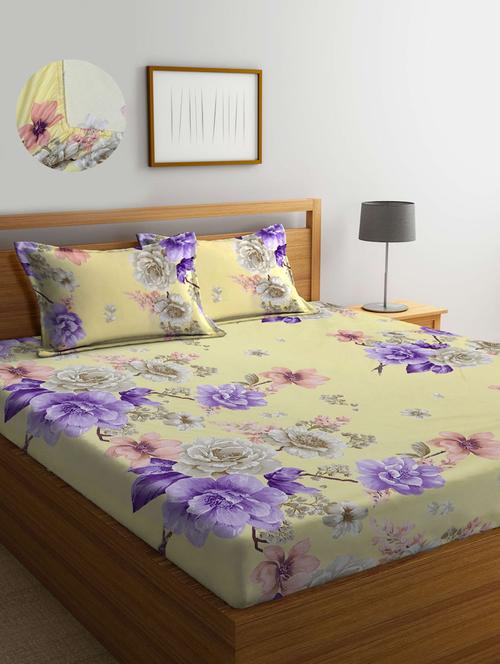 floral cotton fitted double bedsheet with 2 pillow covers - 20168260 - Very Small Image - 1