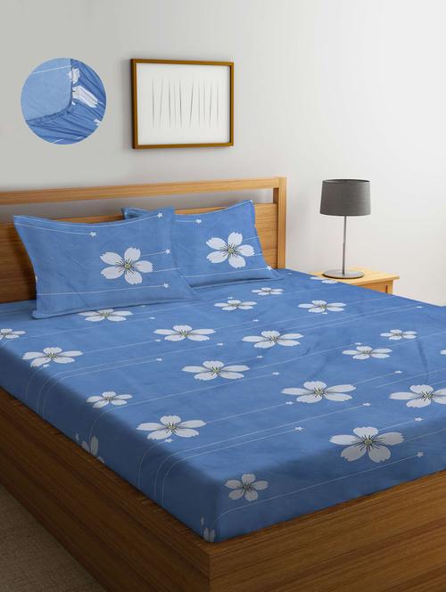 floral cotton fitted double bedsheet with 2 pillow covers - 20168261 - Very Small Image - 1