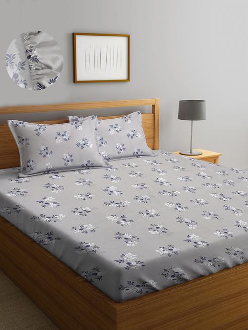 floral cotton fitted double bedsheet with 2 pillow covers - 20168273 - Very Small Image - 1