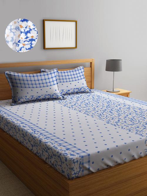 floral cotton fitted double bedsheet with 2 pillow covers - 20168274 - Very Small Image - 1