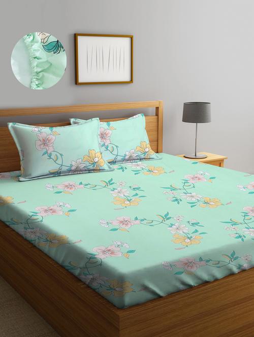 floral cotton fitted double bedsheet with 2 pillow covers - 20168276 - Very Small Image - 1