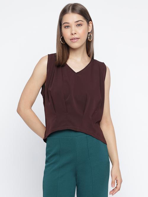 brown solid sleeveless regular fit crop top - 20168423 - Very Small Image - 1