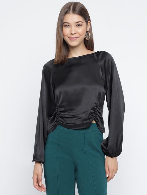 black solid round neck regular fit crop top - 20168474 - Very Small Image - 1